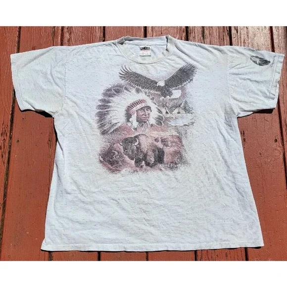 Vintage 90s Aztec Indian Chief Buffalo Bison Bald Eagle T-Shirt Size XL Cowboy - Picture 1 of 10